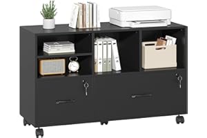 Semoic 2 Drawer Wood Lateral File Cabinet with Lock, Lockable Rolling Filing Cabinet with Adjustable Storage Shelves, Printer Stand Office Storage Cabinet for Home Office Fits Files Legal/A4, Black