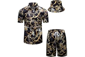 fohemr Mens Luxury Outfit Set Black Gold Shirts and Shorts 2 Piece Tracksuit Set Baroque Button Down Suit with Bucket Hats