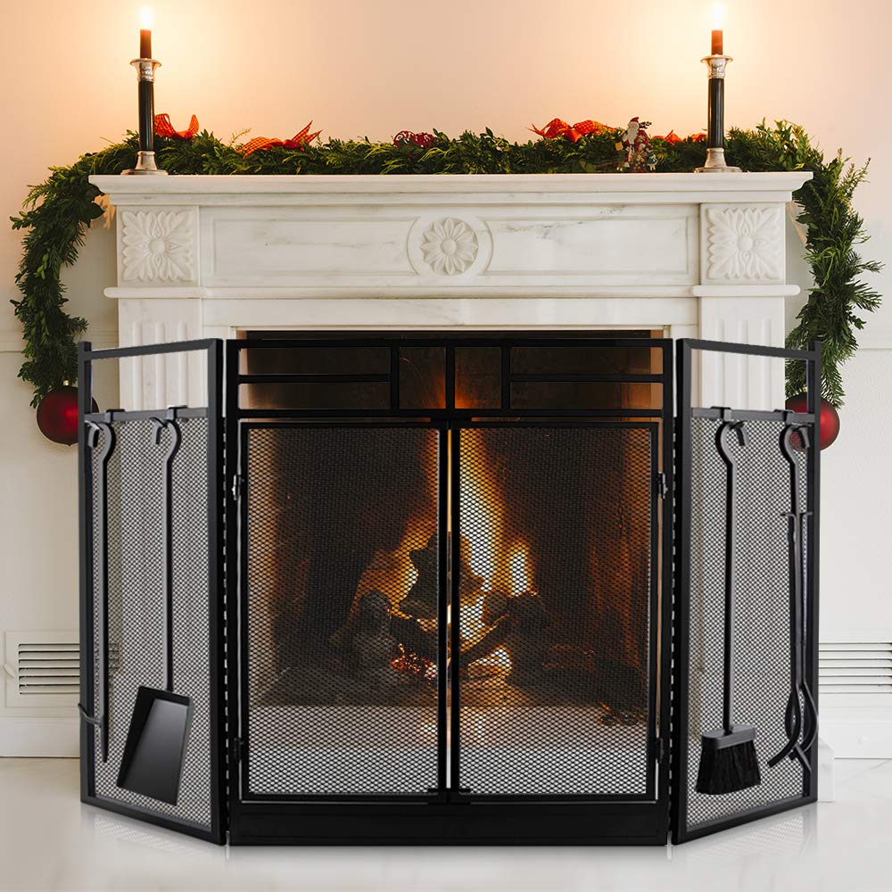 Fireplace Screen with Doors Large Flat Guard Fire Screens With Fireplace Tools Outdoor Metal Decorative Mesh Solid Baby Safe Proof Wrought Iron Fire Place Panels Wood Burning Stove Accessories Black