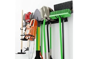 Godboat Garage Storage, 6 Hooks Garage Shelving, Garage Organization, Broom Holder Wall Mount, Garden Tool Organizer for Yard Tools & Water Hose, Cool Stuff for Fathers Day Dad Gifts, Max Load 550lbs