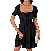 Umenlele Women's Square Neck Shirred Puff Short Sleeve Tie Front Ruffle A Line Dress