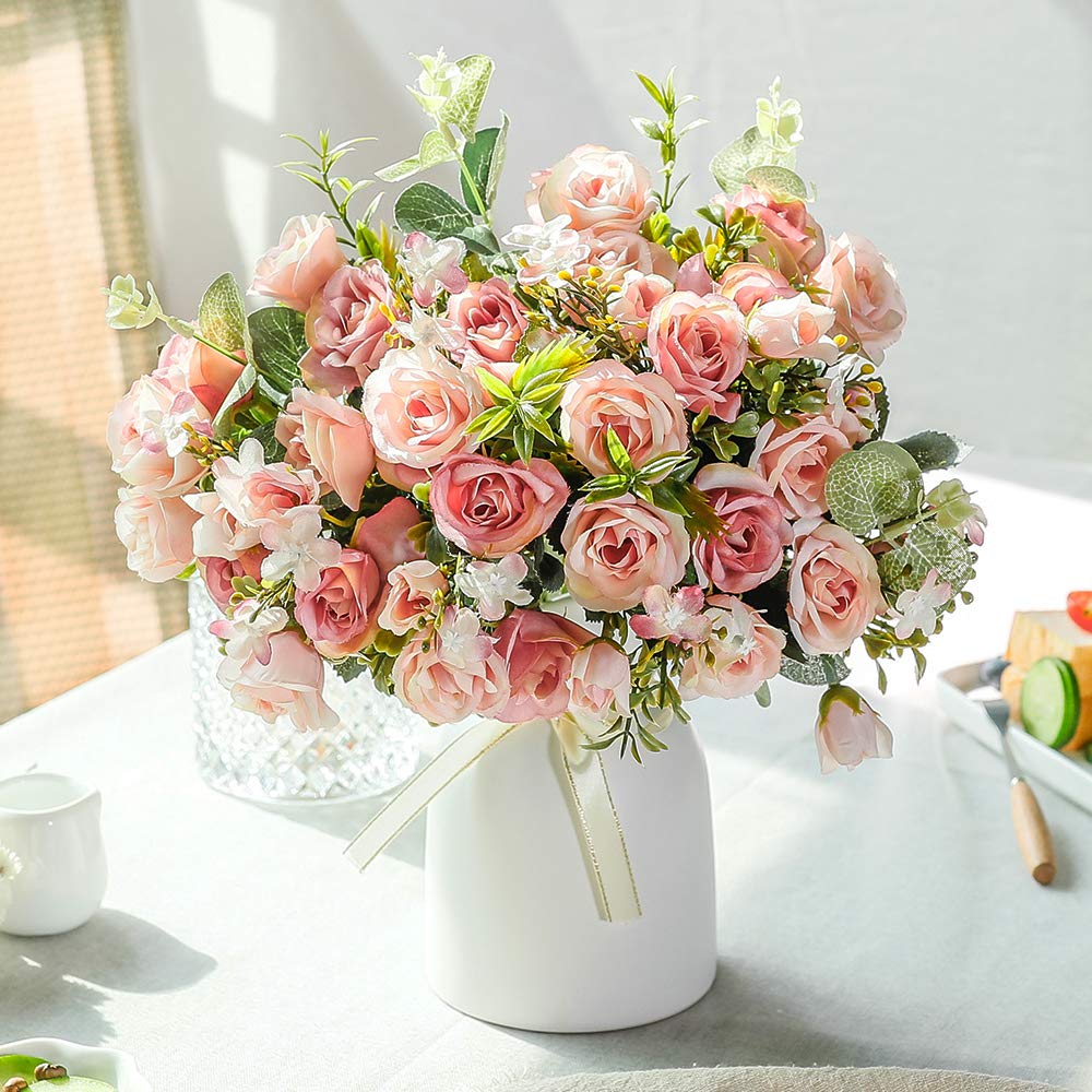 Photo 1 of LESING Artificial Silk Rose with Vase Fake Flowers Wedding Flowers Bouquets Arrangement Home Office Party Centerpiece Table Decoration (Pink)