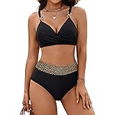 BMJL Womens High Waisted Bikini Sets Tummy Control Colorblock Swimsuits Modest Metal Two Piece Bathing Suit