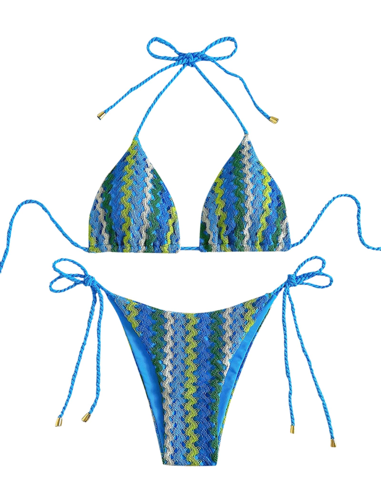Photo 1 of (SMALL) ZAFUL 2 Piece Triangle Bikini for Women Knitted Rope Halter Bikini Sets Sexy Bathing Suit Side Tie Swimsuits Beachwear Blue S