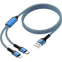 Multi Charging Cable USB to USB C and Lightning Cable, 4ft Braided