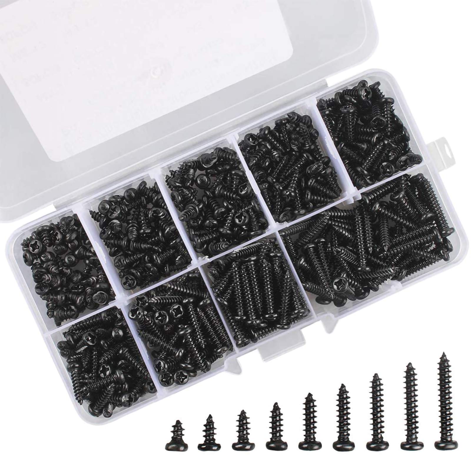 M3 Self Tapping Screws Set 450Pcs Black self Tapping, Black Screw Countersunk, Carbon Steel Round Head Screw for Plastic Wood Soft Metal (9 Sizes)
