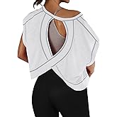 Anoumcy Cotton Open Back Workout Top for Women Casual Athletic Gym Yoga Workout Crop Shirts Running Activewear Tops