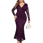 ZOMVA Plus Size Floral Lace Dress Elegant Bodycon Mermaid Maxi Evening Gown V Neck Wrap Long Sleeve Formal Dresses Party