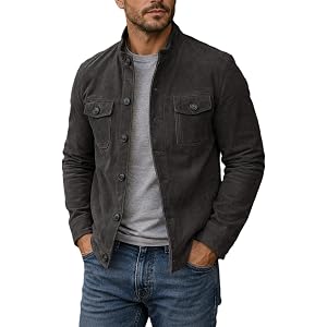 Men Faux Suede Jacket Casual Stand Collar Trucker Coat with Flap Pockets | Premium Faux Suede Fabric With Smooth Matte Vintag