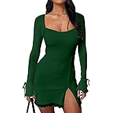 Kaximil Women's Sexy Bodycon Mesh Long Sleeve Square Neck Slit Party Short Mini Dress
