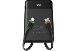 VEGER Portable Charger, 10000mAh Power Bank with Built-in Cables, 22.5W Fast Charging USB C Battery Pack with LED, 4 Outputs 