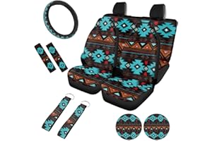 BYCHECAR Aztec Seat Covers Camo Tribal Car Accessories for Men Steering Wheel Cover Seatbelt Pads Keychains Coaster for SUV,Sedan,Vans Universal