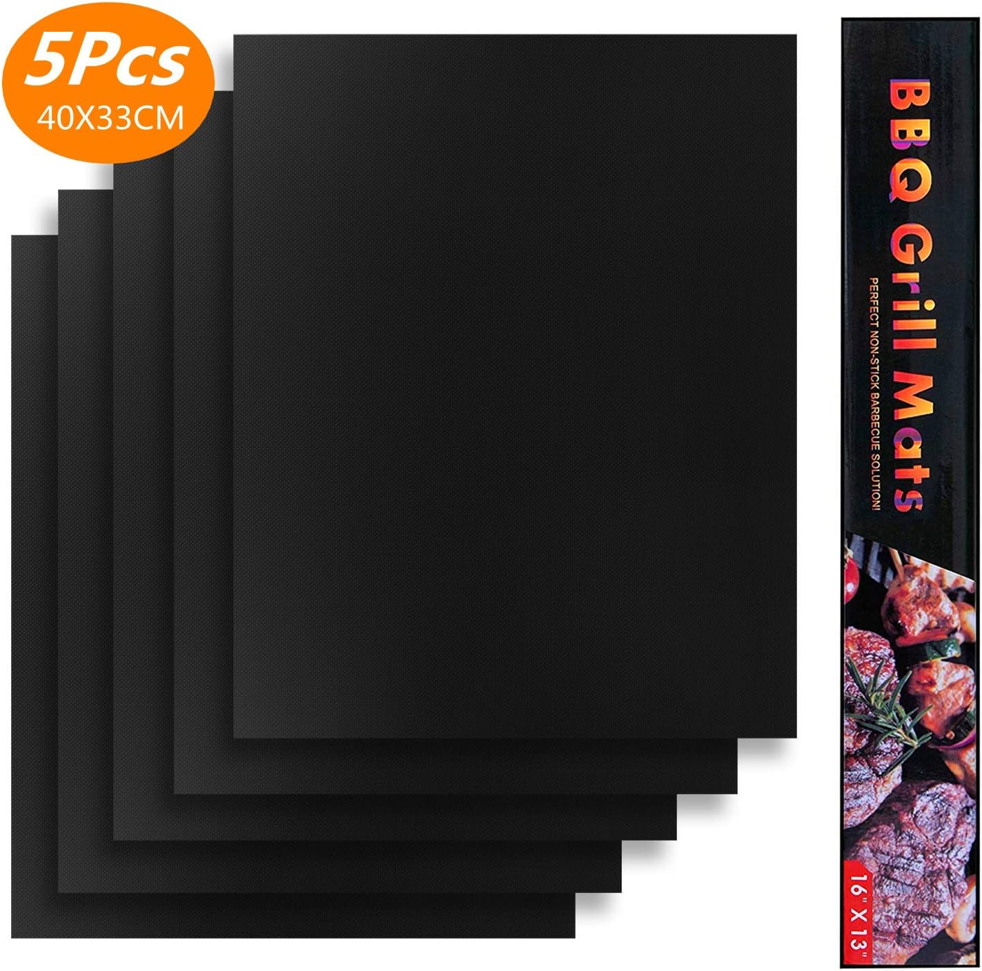 lawnko 15.8 x 13 Inches BBQ Grill Mat, Reusable, 100% Non-Stick, for Gas Grill, Charcoal Grill and Electric Grill, FDA Approved, Pack of 5 โ Black
