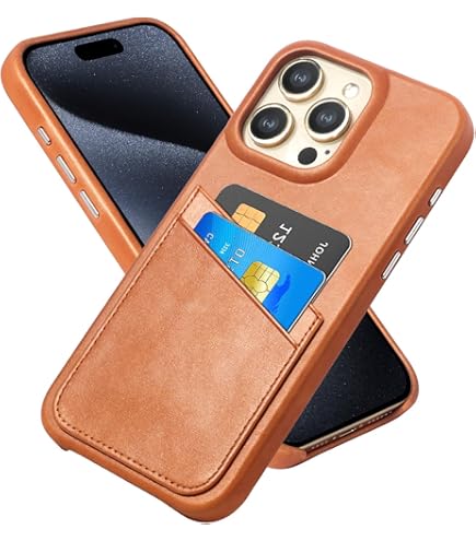 LUCKYCOIN Genuine Leather Wallet Phone Case For IPhone 15,Phone Purse With 2 Credit Card Holder For Women And Men,Compatible With IPhone 15,Metal Button Bumper Protective Shockproof Cover Dark Brown