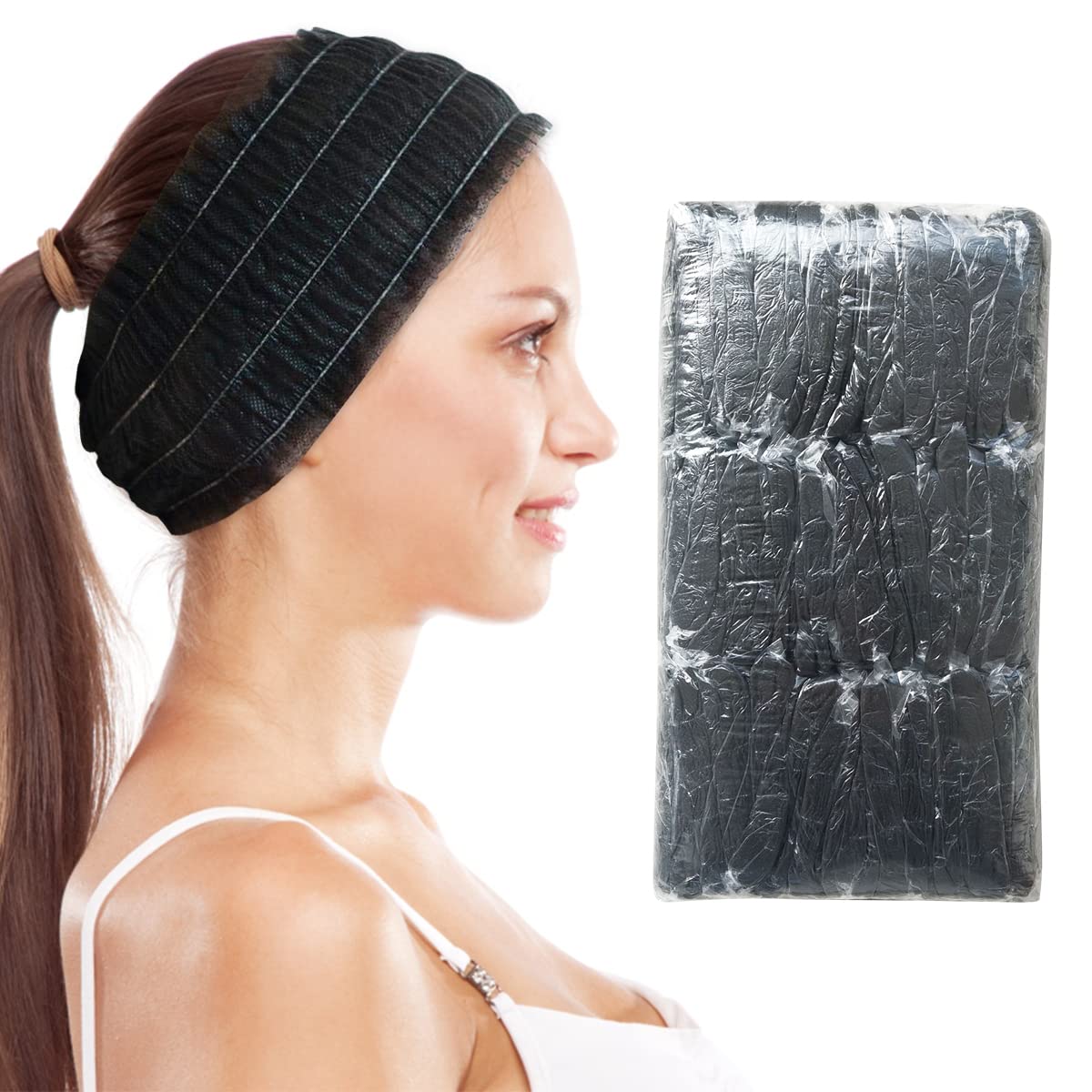 50 Pieces Disposable Headbands for Facials, Non-Woven Spa Disposable Headbands, Elastic Hair Wraps for Facials, Soft Makeup Salon Skin Care Hair Band for Women Girls (Black)