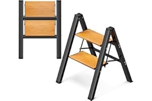 GameGem 2 Step Ladder, Aluminum Folding Step Stool with Anti-Slip Sturdy and Wide Pedal, Lightweight Portable Stepladder for Home and Kitchen Use Space Saving, 330 lbs, Black Woodgrain
