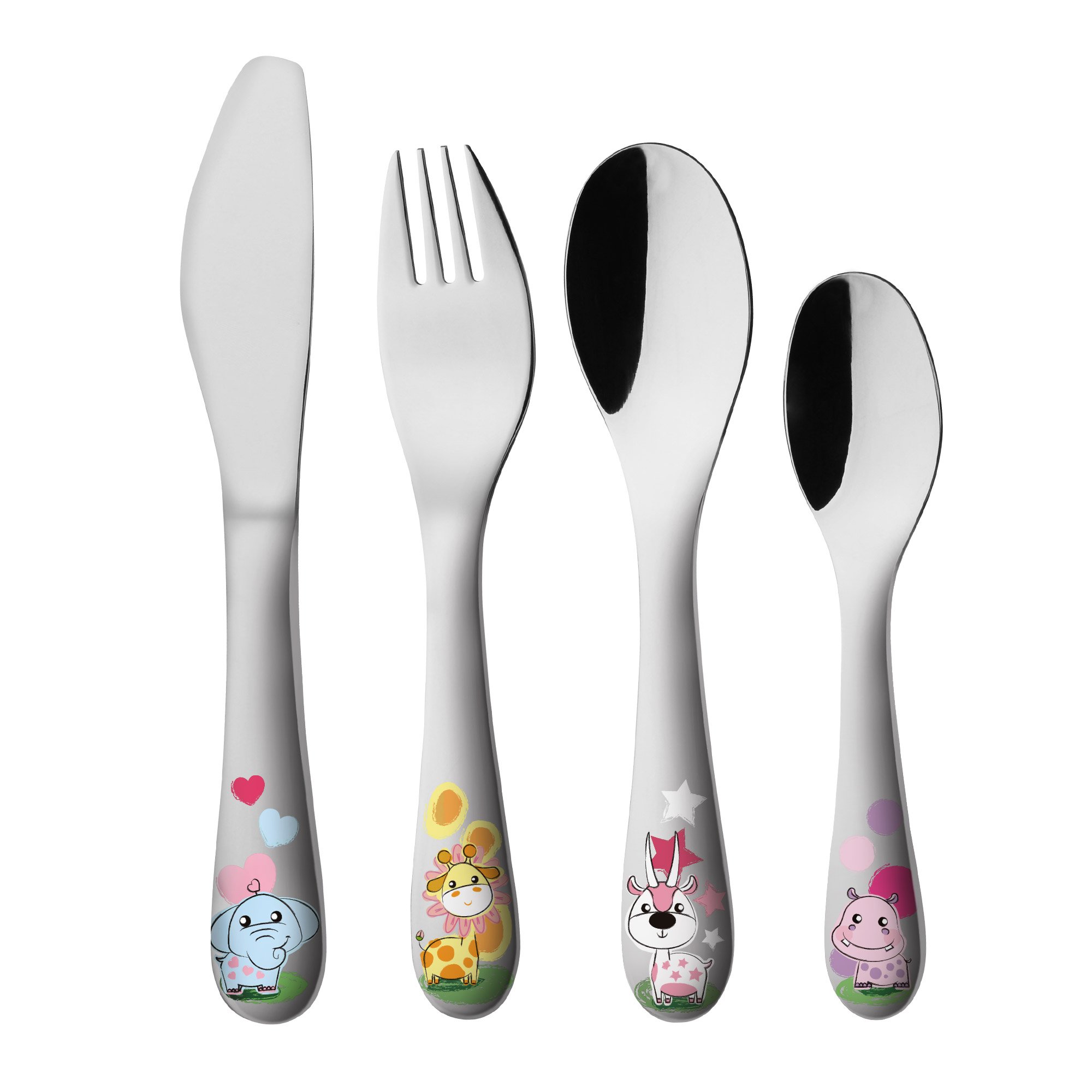 EXZACT Childrens Cutlery 4pcs Set Stainless Steel/Kids Cutlery/Toddler Utensils/Flatware - 1 x Fork, 1 x Safe Dinner Knife, 1 x Dinner Spoon, 1 x Dessert Spoon with Illustrations (WF712P)