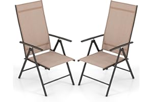 Giantex 2 Pack Folding Patio Chairs, High Back Outdoor Chairs with 7-Level Adjustable High Backrest, Portable Reclining Chairs for Lawn Porch Garden Poolside Camping, No Assembly, Brown