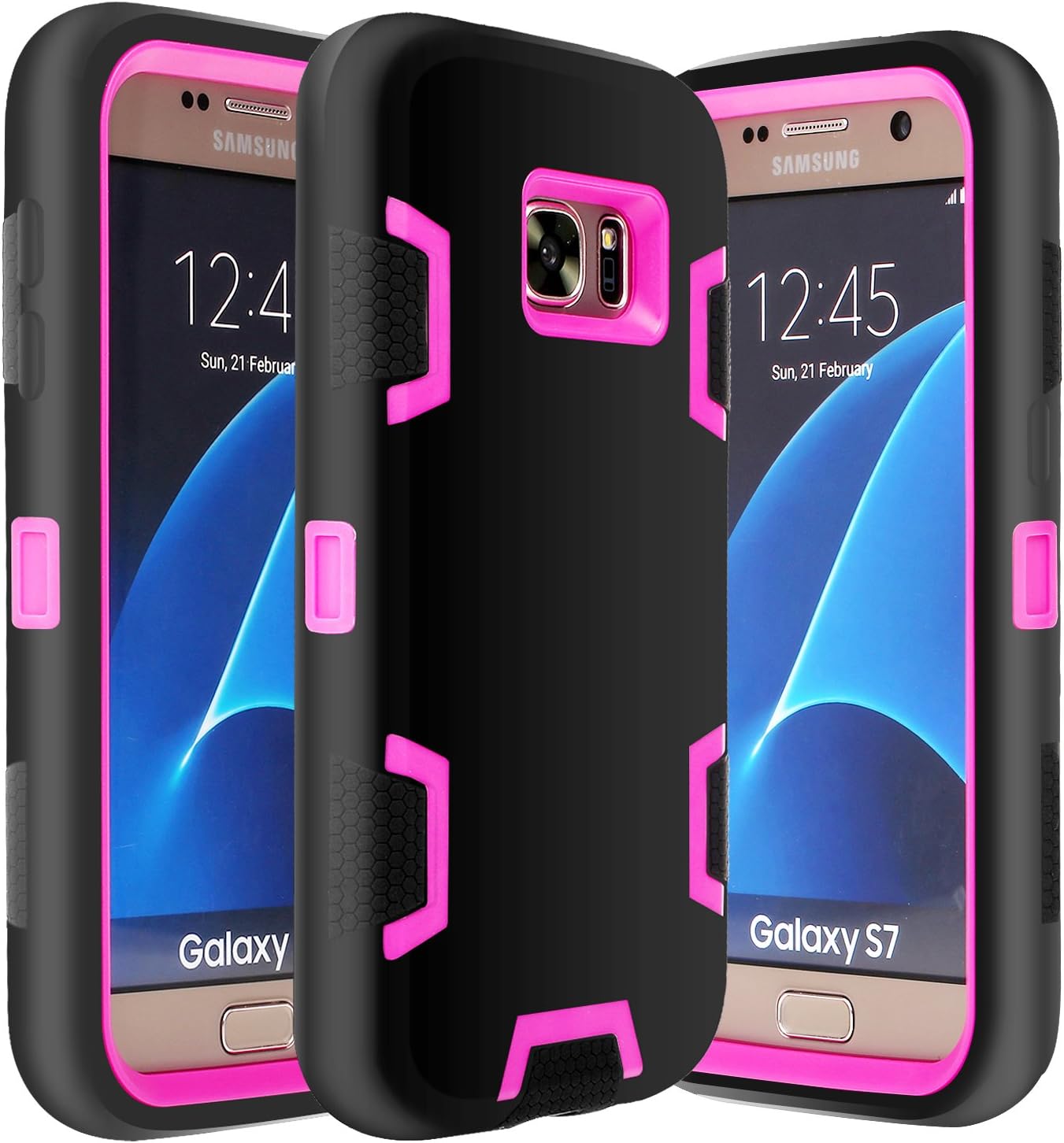 E LV Galaxy S7 Case Hybrid Defender Rugged Shockproof Dirtproof Case Cover for Samsung Galaxy S7 - [Black/HOT Pink]