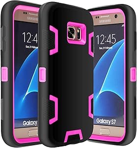 E LV Galaxy S7 Case Hybrid Defender Rugged Shockproof Dirtproof Case Cover for Samsung Galaxy S7 - [Black/HOT Pink]