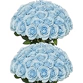 Lcuasc 50pcs Artificial Roses Flowers in Bulk,Realistic Silk Fake Rose with Long Stem for Wedding Centerpieces Bouquet Party Floral Arrangement Home Decoration (Blue)
