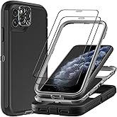TFDSEUGH for iPhone 11 Pro Case with 2Pcs Tempered Glass Screen Protector and 1Pcs Camera Lens Protector, Military Grade 3 in 1 Heavy Duty Shockproof/Drop Proof/Dust Proof Case (Black/Grey)