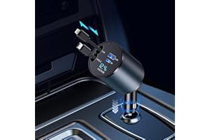 LOPNORD Retractable Car Charger, 4 in 1 Fast Car Phone Charger 60W, USB C Car Charger (TypeC+Lightning Retractable Cords)