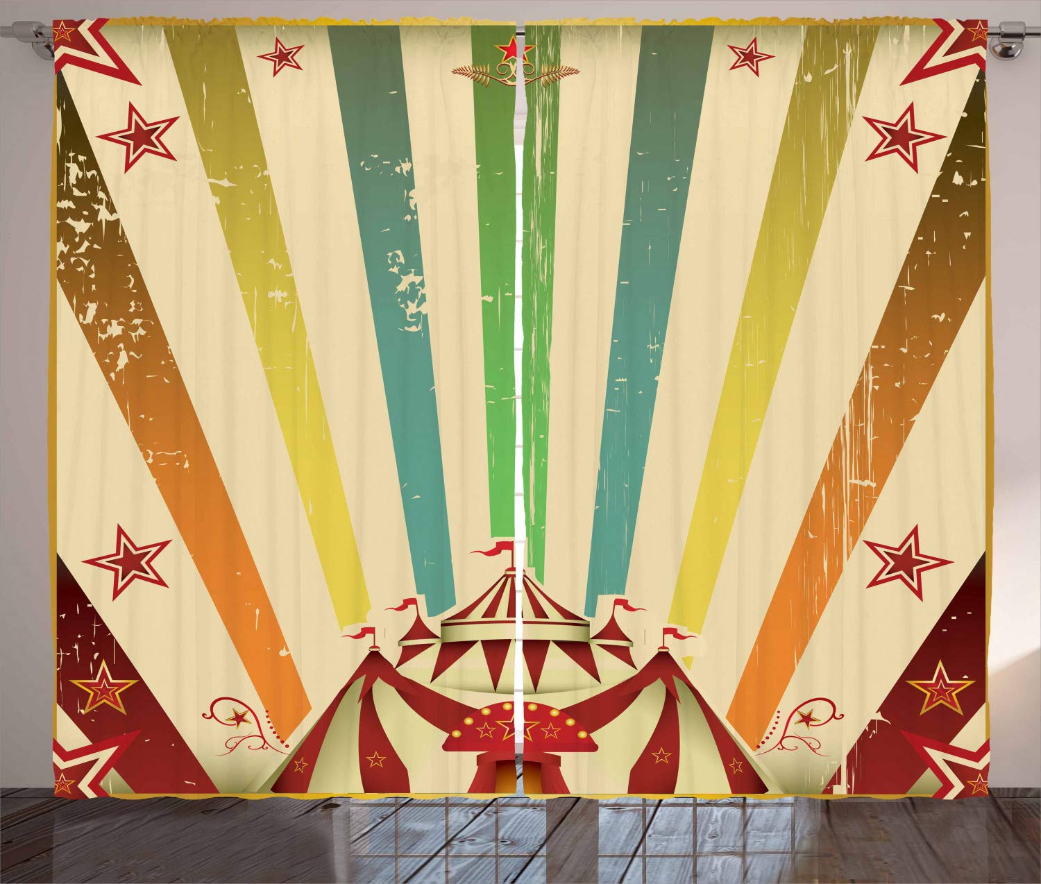 ABAKUHAUS Vintage Rainbow Curtains, Old Circus Carnival Advertisement Theme Stripes Stars and Fun Fair Tent, Living Room Bedroom Window Drapes 2 Panel Set, 280 x 260 cm, Eggshell colors