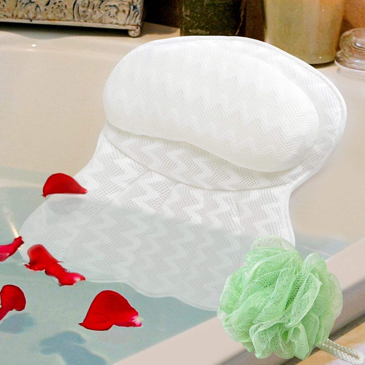 4D Air Bathtub Pillow with 6 Powerful Suction Cups Bath Pillow for Tub Neck and Back Support Fits All Bathtub Hot Tub and Home Spa : Beauty