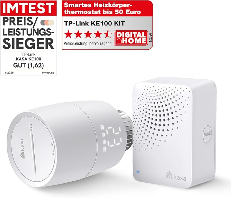 Kasa Smartes Heizkörperthermostat - WiFi Starter Kit, inklusive 1 Thermostat und 1 Hub, Heizungssteuerung (App, Geofencing, Fensteröffnungserkennung), Matter, Alexa