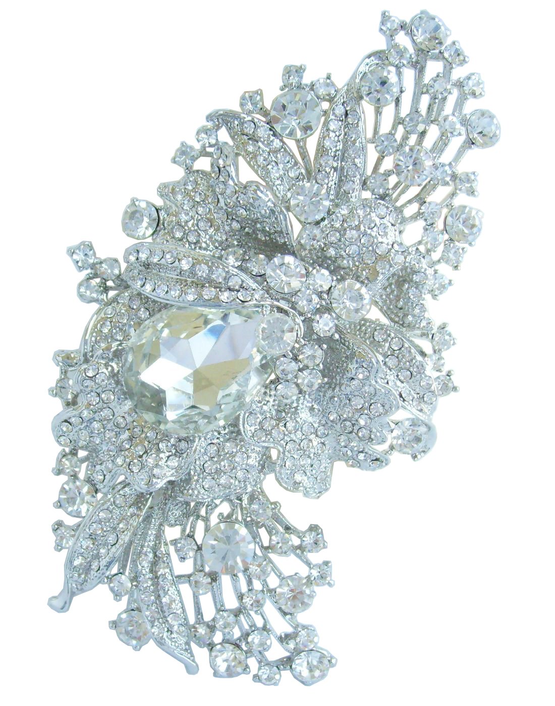 Sindary Wedding 4.53" Clear Austrian Crystal Teardrop Flower Brooch Pin Pendant UKB4797