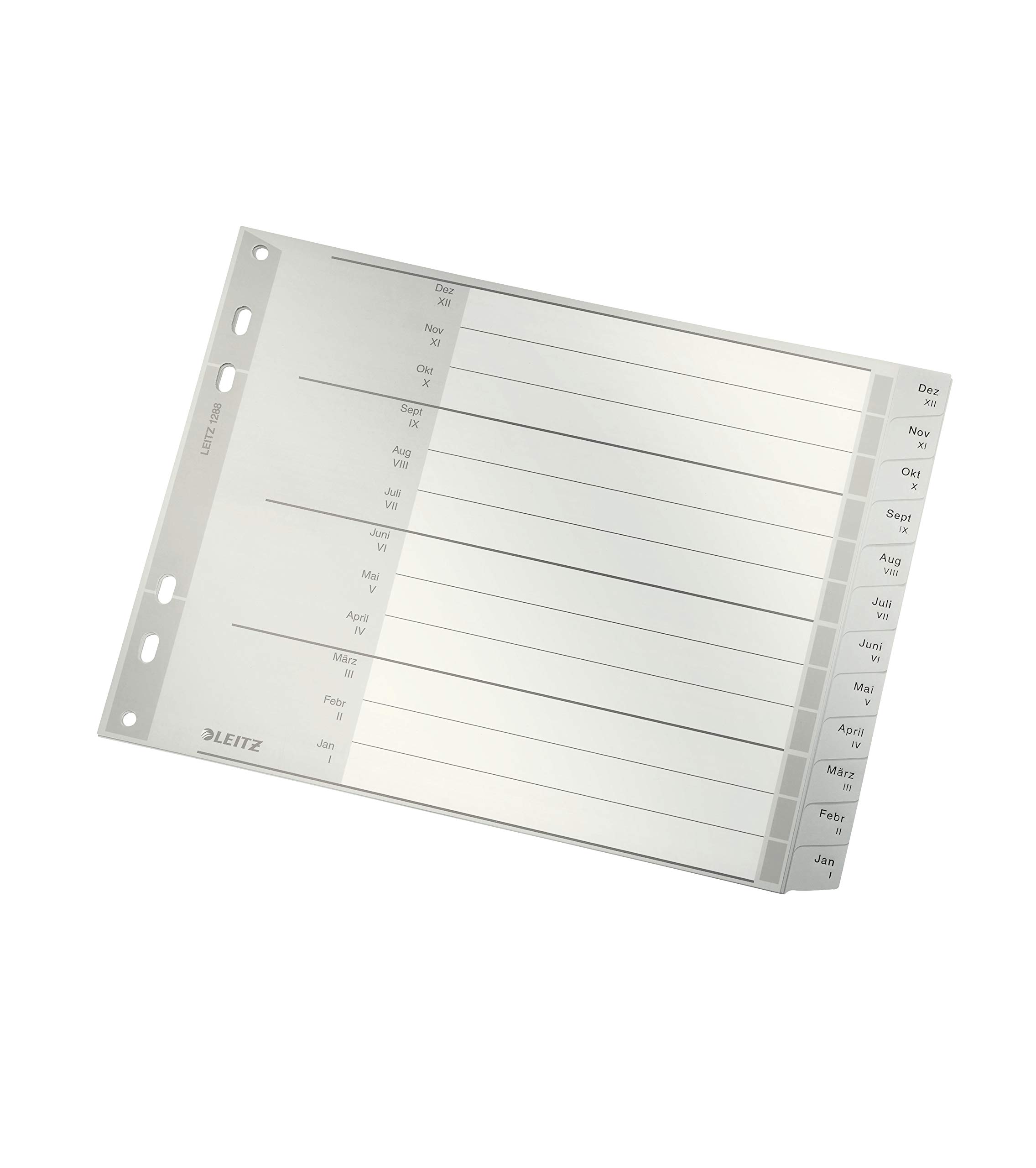 Leitz 12880085 A4 Index Dividers Cardboard Cover and 20 Plastic Dividers with Monthly Print Dec-Jan, Half Height and Extra Width, Grey