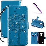 LG G4 Case, LEECOCO Embossed Floral 3D Handmade Bling Crystal Diamonds Butterfly with Card Slots Magnetic Flip Stand PU Leather Wallet Case for LG G4 Wishing Tree Blue