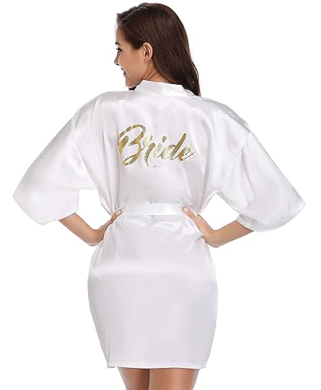 Vlazom Hochzeits Roben Satin Kimono Kurz Robe Bademantel Morgenmantel V Ausschnitt mit Gürtel für Braut Hochzeit Aprty