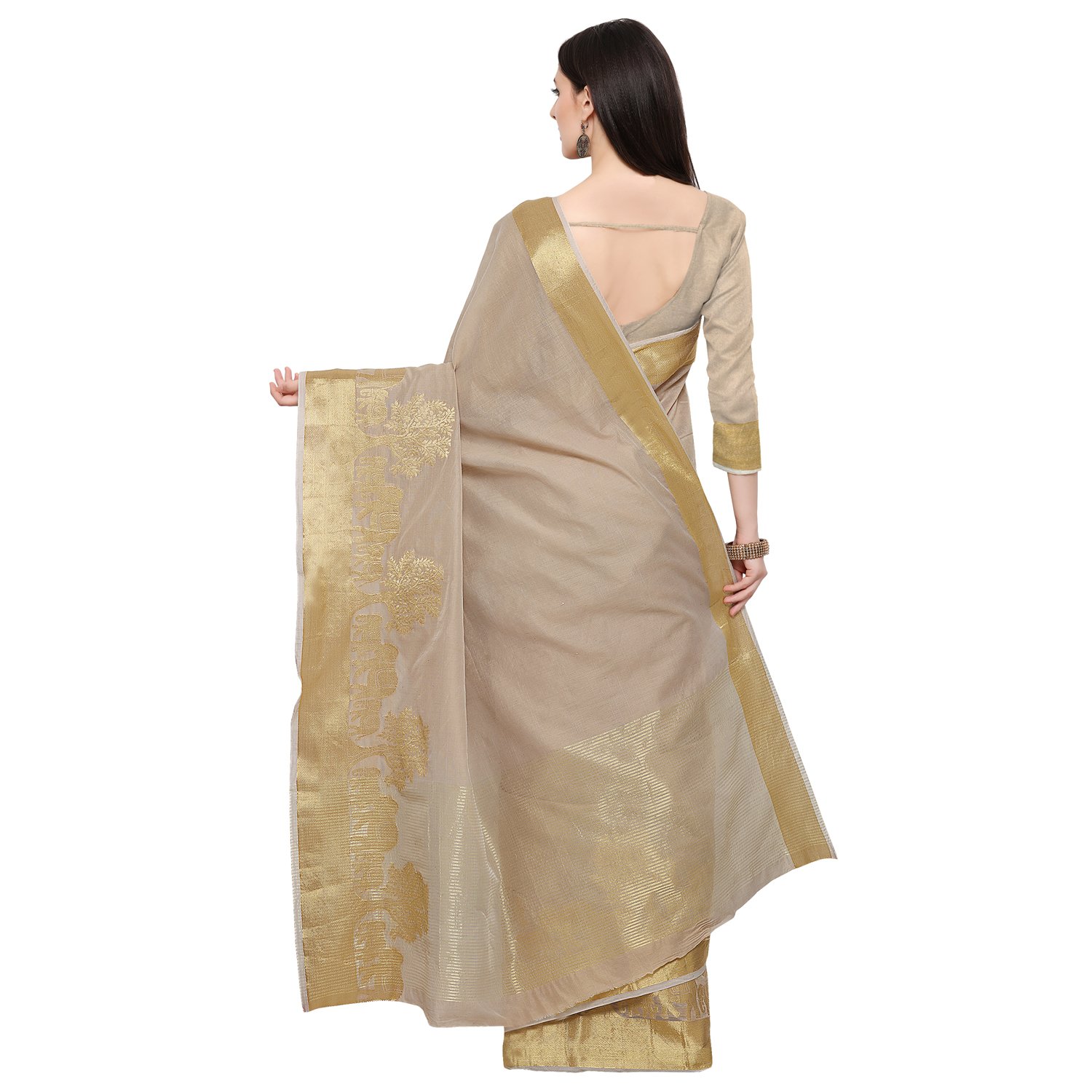 women's poly cotton traditional saree unstitched blouse design (kanjivaram gaj chikku_beige)