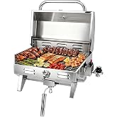 Helmspire Boat Grill with Rod Holder Mount, Stainless Steel Portable Grill | Portable Camping Grill with Heat-Resistant Handle &amp; Built-in Thermometer, BBQ Grill for Boating, Tailgating, Camping Grilling