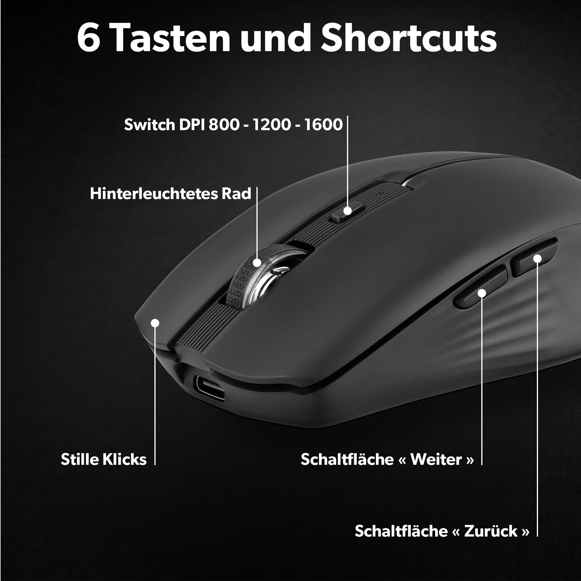 T'nB Kabellose Maus, Dual Mode Bluetooth und USB-A, Wiederaufladbar, Lange Akkulaufzeit, Leise, 1600 DPI Genauigkeit, 6 Tasten, Kompatibel mit Windows, Linus und MacOs - Schwarz 5