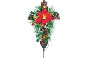 YULETIME 36" Christmas Cross Stake, Solar Powered with 15 Fairy Lights, Metal Cross, Natural Rattan, Red Poinsettia & Berries, Pine Cones, Pine Needles (Red)
