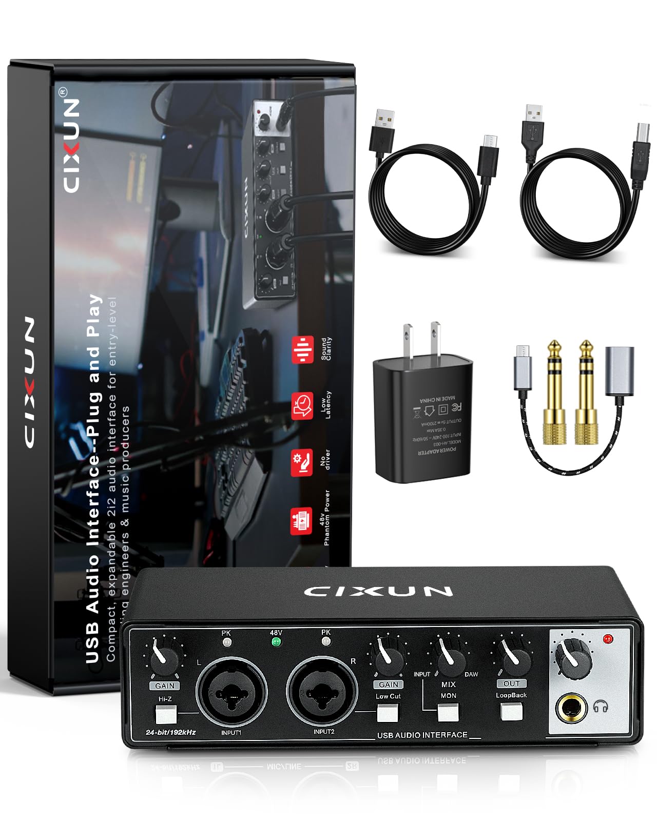 Photo 1 of CIXUN 2i2 USB-C Audio Interface for PC/Mac Recording, 24-bit/192kHz, Dual TS/XLR Inputs, +48V Phantom Power, Studio/Podcast/Streaming (Matte Black)