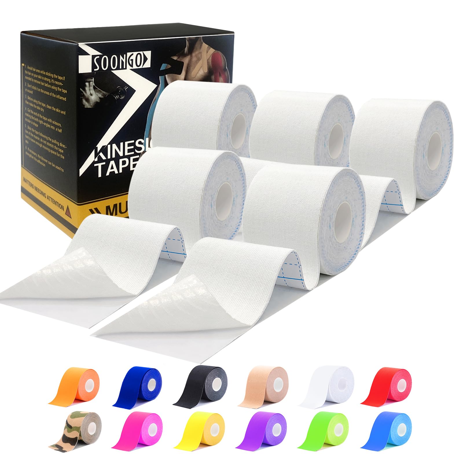 Kinesiology Tape Rock Tape Physio Tape 1/2/5 Rolls Relieve Muscle Soreness and Strain Shoulders Wrists Knees Ankles Elastic Waterproof Good Air Permeability Hypoallergenic White 5cm*5m By SOONGO