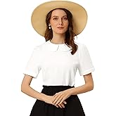 Allegra K Peter Pan Collar Blouse for Women's Floral Jacquard Puff Short Sleeve Kawaii Top