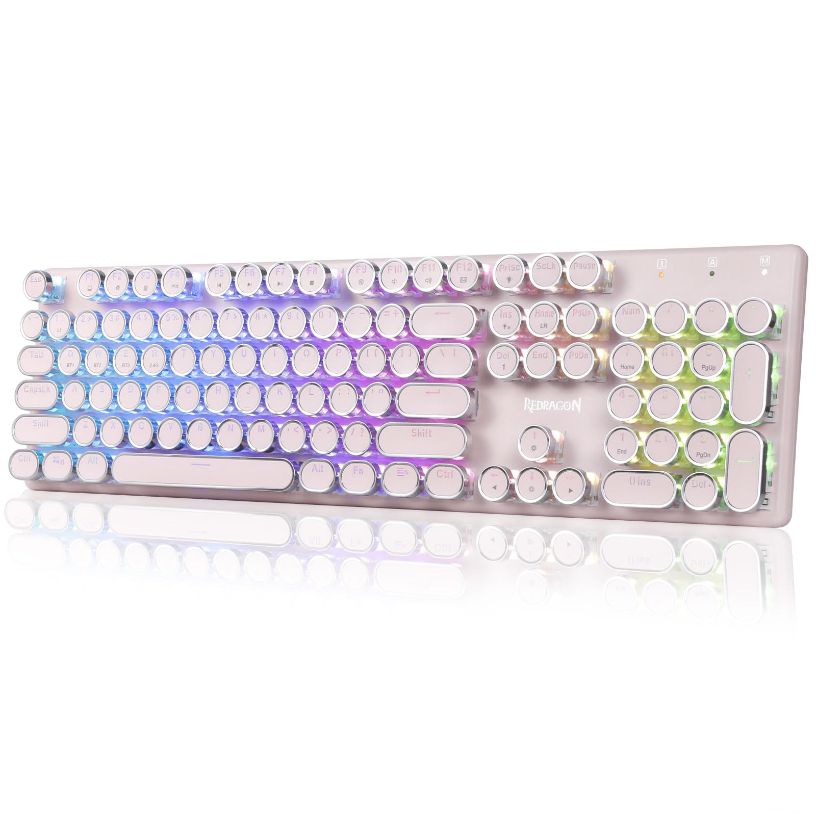 Photo 1 of Redragon K710 Wireless Typewriter Mechanical Gaming Keyboard, Bluetooth/2.4Ghz/Wired, RGB Led Backlit, Blue Switch - Clicky, Rechargeable, Solid Metal Panel, Round Keycaps, Pink