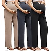 Tjukufpa 3 Pack Women's Maternity Pants Over The Belly Pregnancy Pants Stretchy Loose Wide Leg Lounge Work Pants with Pockets