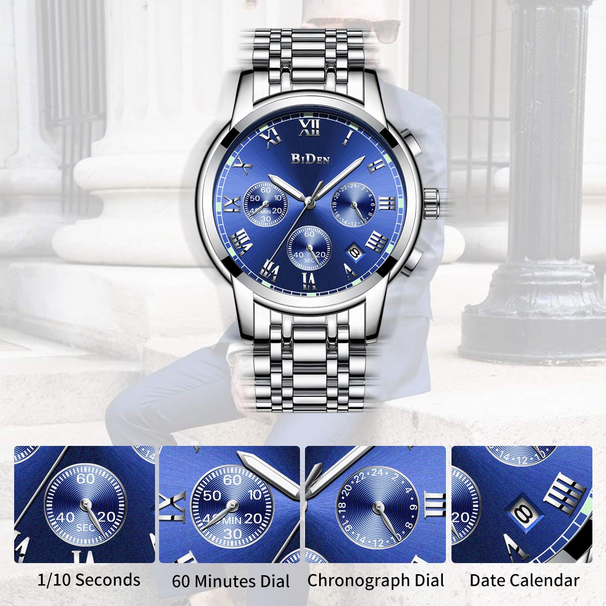 Montre de montres, pour homme montre bracelet en acier inoxydable Argenté, Luxe Design Cadran bleu étanche multifonction à quartz pour homme, montres Causal Entreprise Robe