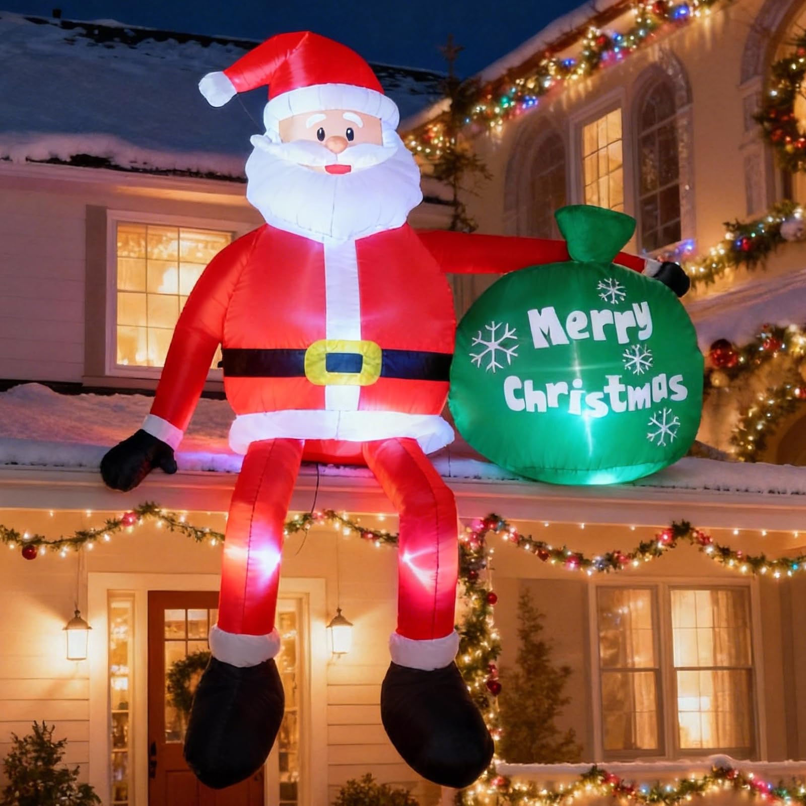 Photo 1 of 8 FT Christmas Inflatables Outdoor Decorations, Santa Claus with Gift Bag, LED Lighted Blow Up IP68 Weatherproof Sitting Santa Xmas Indoor Outdoor Decor for Yard Garden Lawn Mall Party Holiday