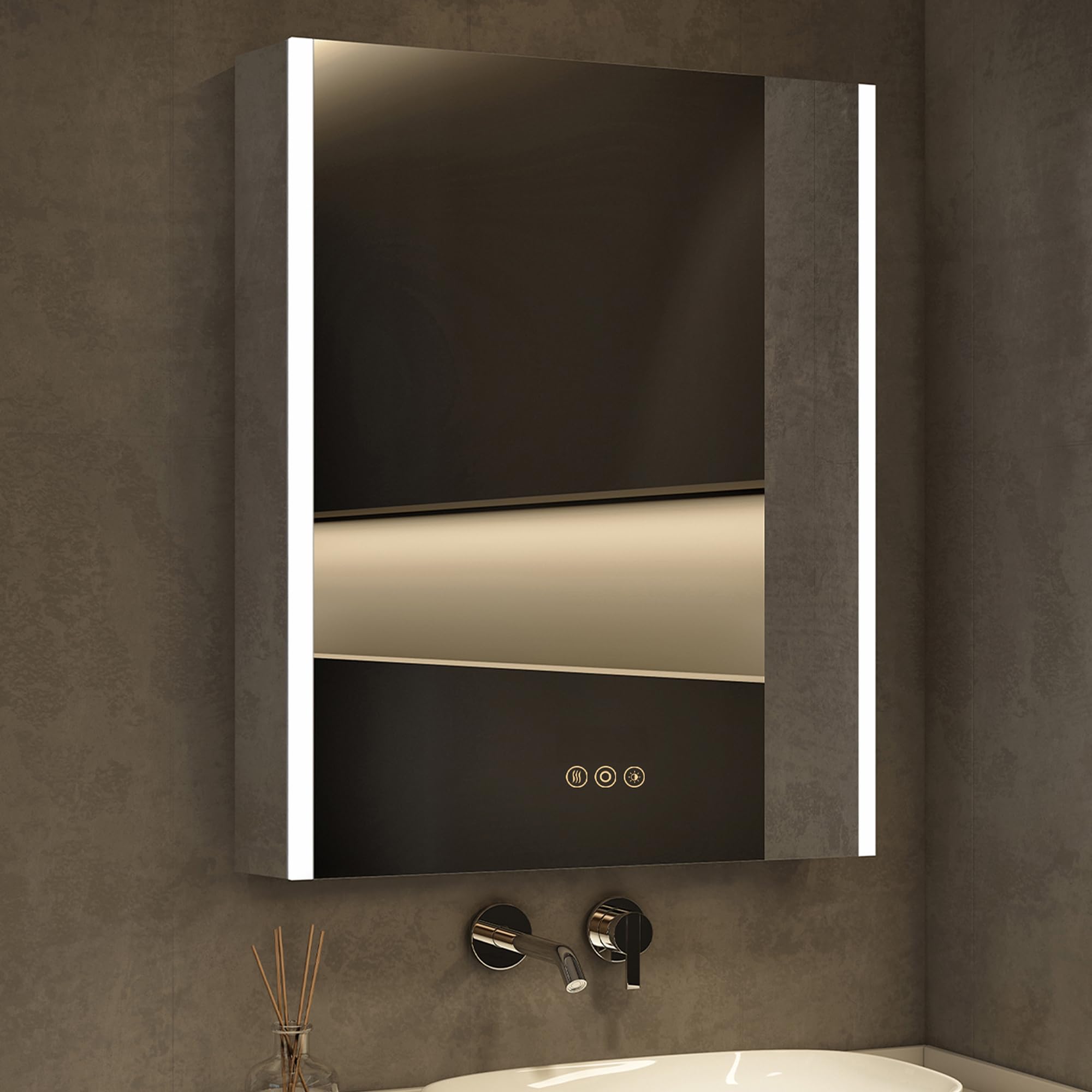 Photo 1 of *** BROKEN GLASS BUT BASE STILL GOOD *** FOR THE BASE ONLY ***HBEZON Medicine Cabinet with LED Lights and Mirror, 24 x 30 Inch Surface or Recessed Mounted Bathroom Cabinets with Door, Defogger, Memory Function, 3-Color Mode, Outlet&USB, Dimmer, Storage Sh