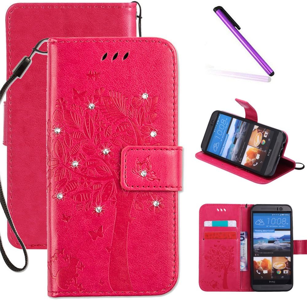 HTC One M9 Wallet Case, LEECOCO Embossed Floral 3D Handmade Bling Crystal Diamonds Butterfly with Card Slots Magnetic Flip Stand PU Leather Wallet Case for HTC One M9 Wishing Tree Rose