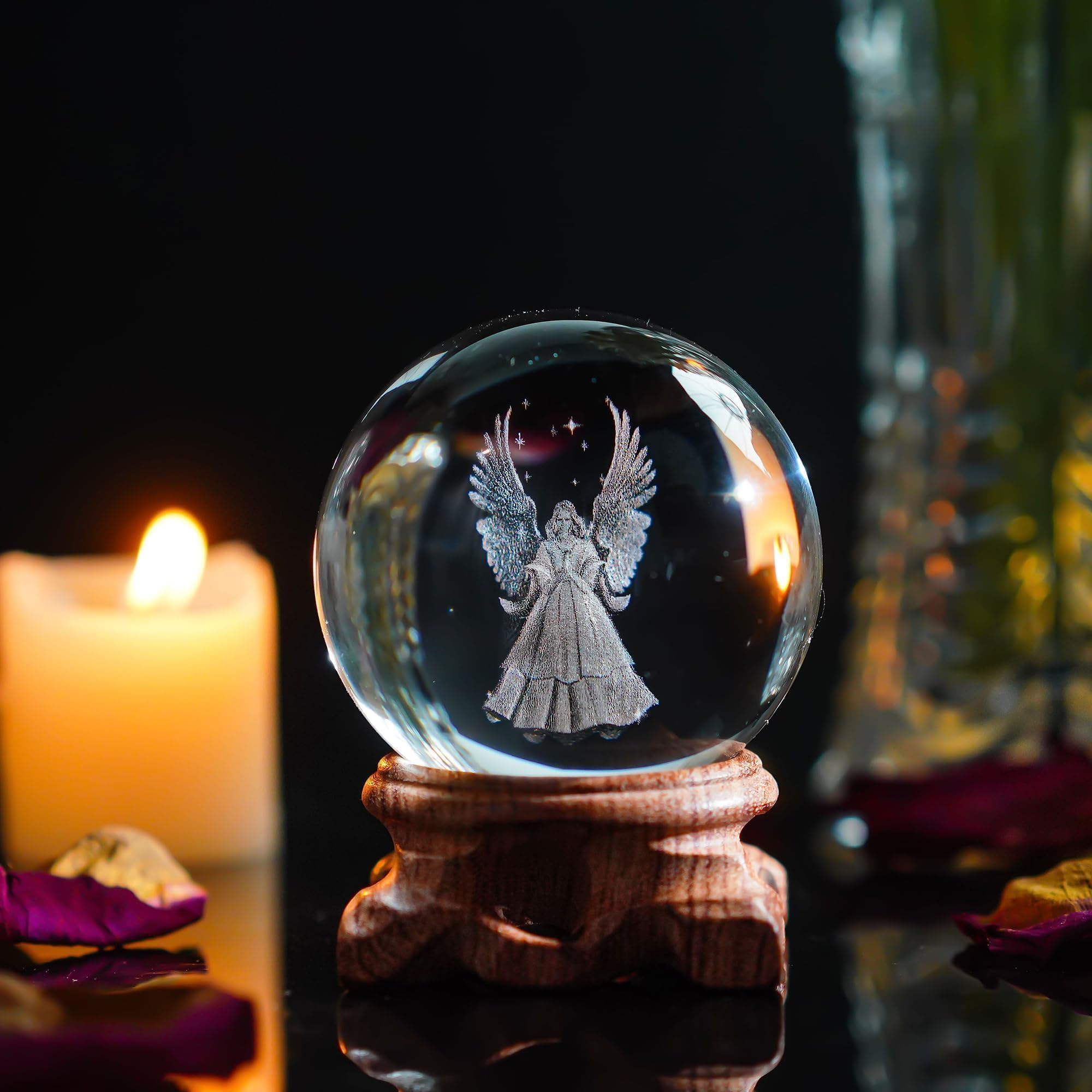 HDCRYSTALGIFTS 3D Angel Figurines Crystal Ball Full Sphere Laser Engraved Paperweight Home Art Decor Crafts(Clear)