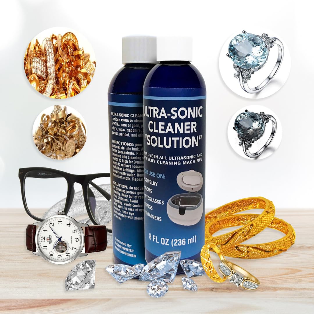 NORTHWEST ENTERPRISES Jewelry Cleaner, Ultrasonic Jewelry Cleaner Solution - Cleans Gold, Silver, Platinum, Diamonds, Non-Porous, & Semi-Precious Jewelry (32 Ounce)