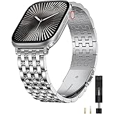 W-RARA Dual-Tone Metal Dressy Band Compatible with Apple Watch Band 38/40/41/42/44/45/46/49mm Women Men, Stainless Steel Seven-link Luxury Engraved Strap for iWatch SE Series 11/10 9 8 7 6 5 4 3 2 1